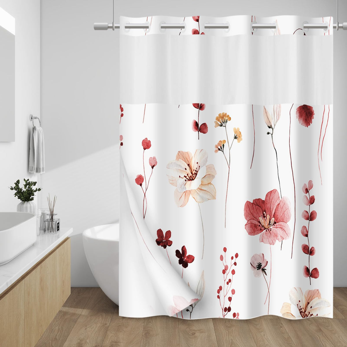 WITHLOC Hook Free Floral Shower Curtain with Liner, Blue Beige, 71x74