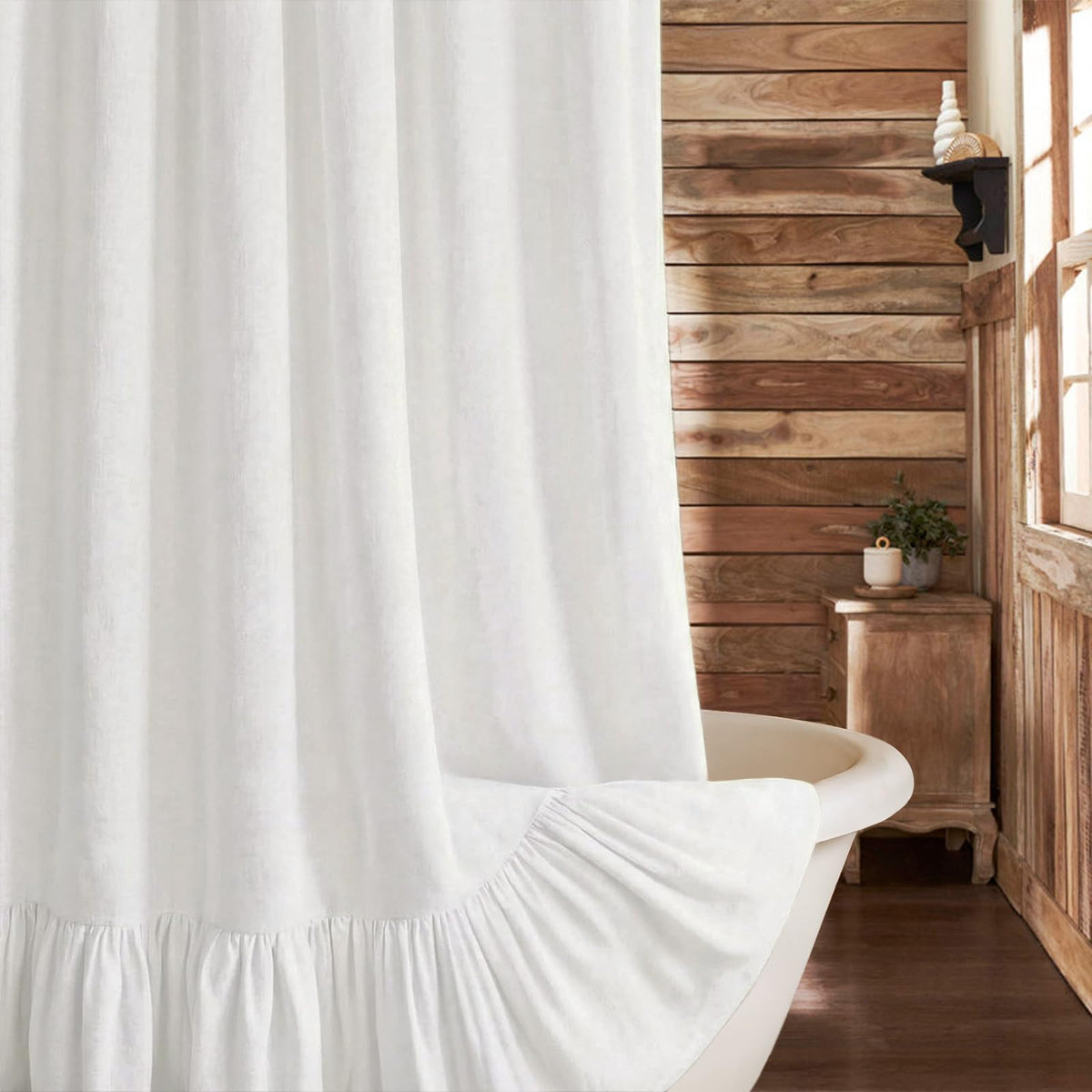 Farmhouse Shower Curtain Ruffle Linen Cream-Green Stripe 72"W x 72"L