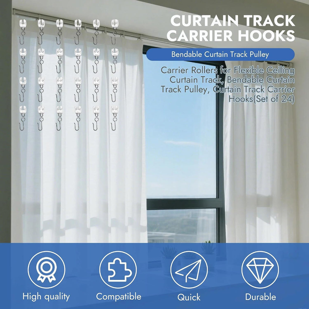 25 Set Ceiling Curtain Track Roller Hooks, Heavy Duty Stainless Steel Gliders for Room Divider, Shower & Flexible Track Systems – Smooth Sliding, Quiet & Easy Install – White