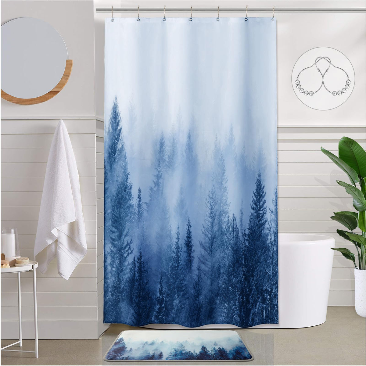 ORTIGIA Black and White Misty Forest Shower Curtain for Bathroom, Nature Woodland Curtain Set with Hooks, Decorative Pine Tree Fog Magic Bath Decor for Home Weighted, 72x72