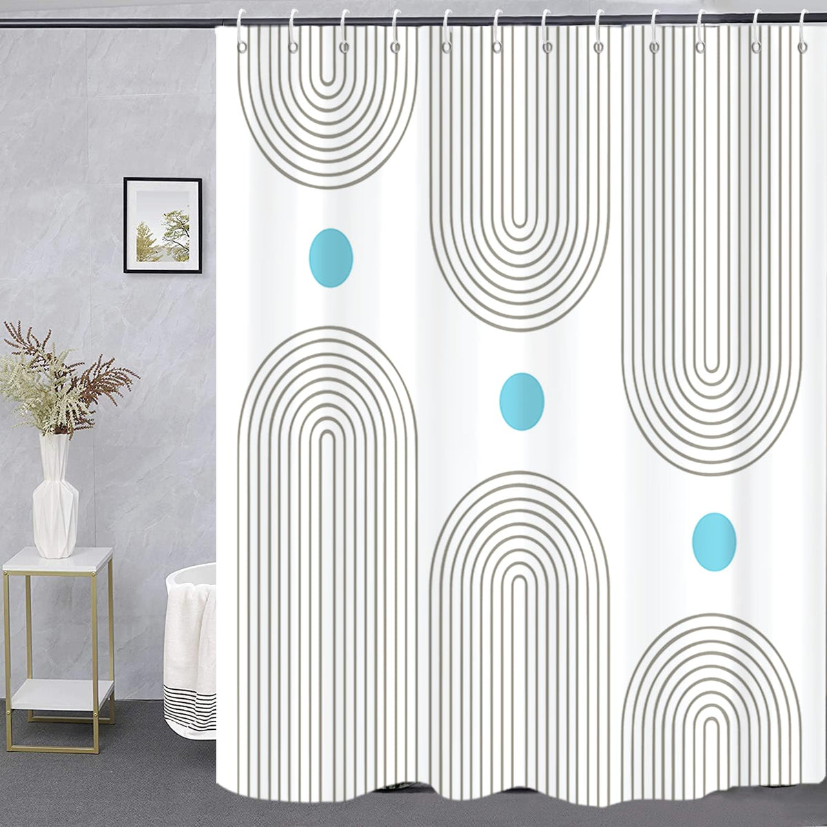 Boho Mid Century Shower Curtain, Modern Abstract with Hooks 72x72
