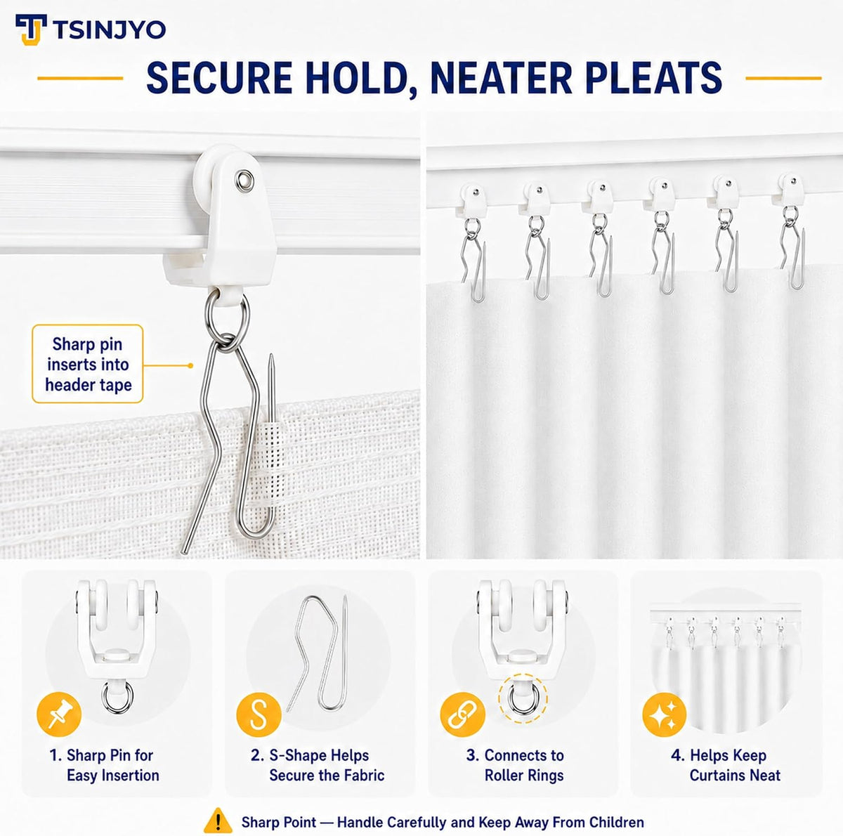 200 Pcs 11 mm Plastic Drapery Rail Gliders & Hooks Set, Ceiling Mount Curtain Track Rollers and 1.2 Inches Metal Pin-on Hooks for Bed Window Room Divider, Shower Drapes