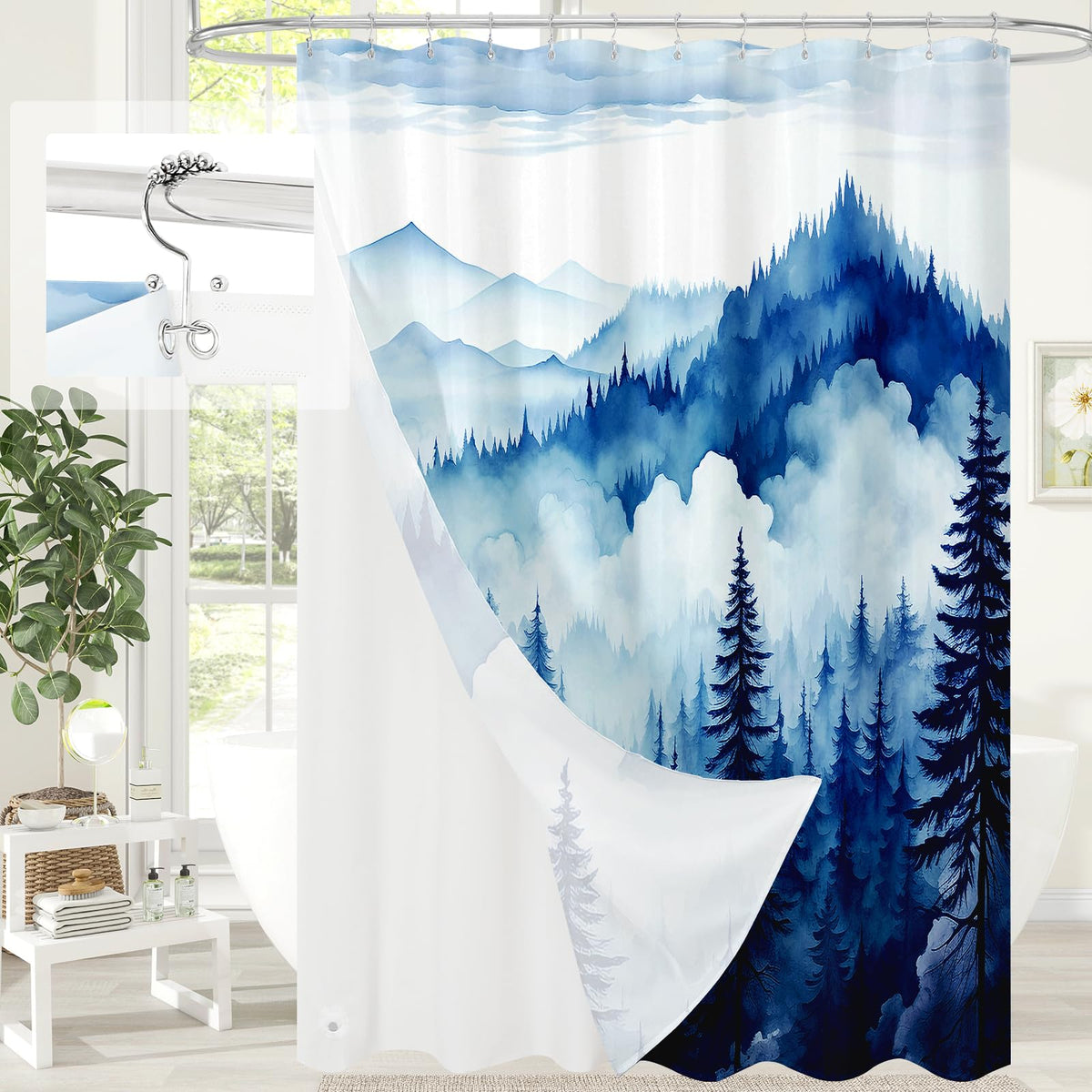 Dark Green Pine Forest Shower Curtain, Misty Woodland, 72 x 72 Inches