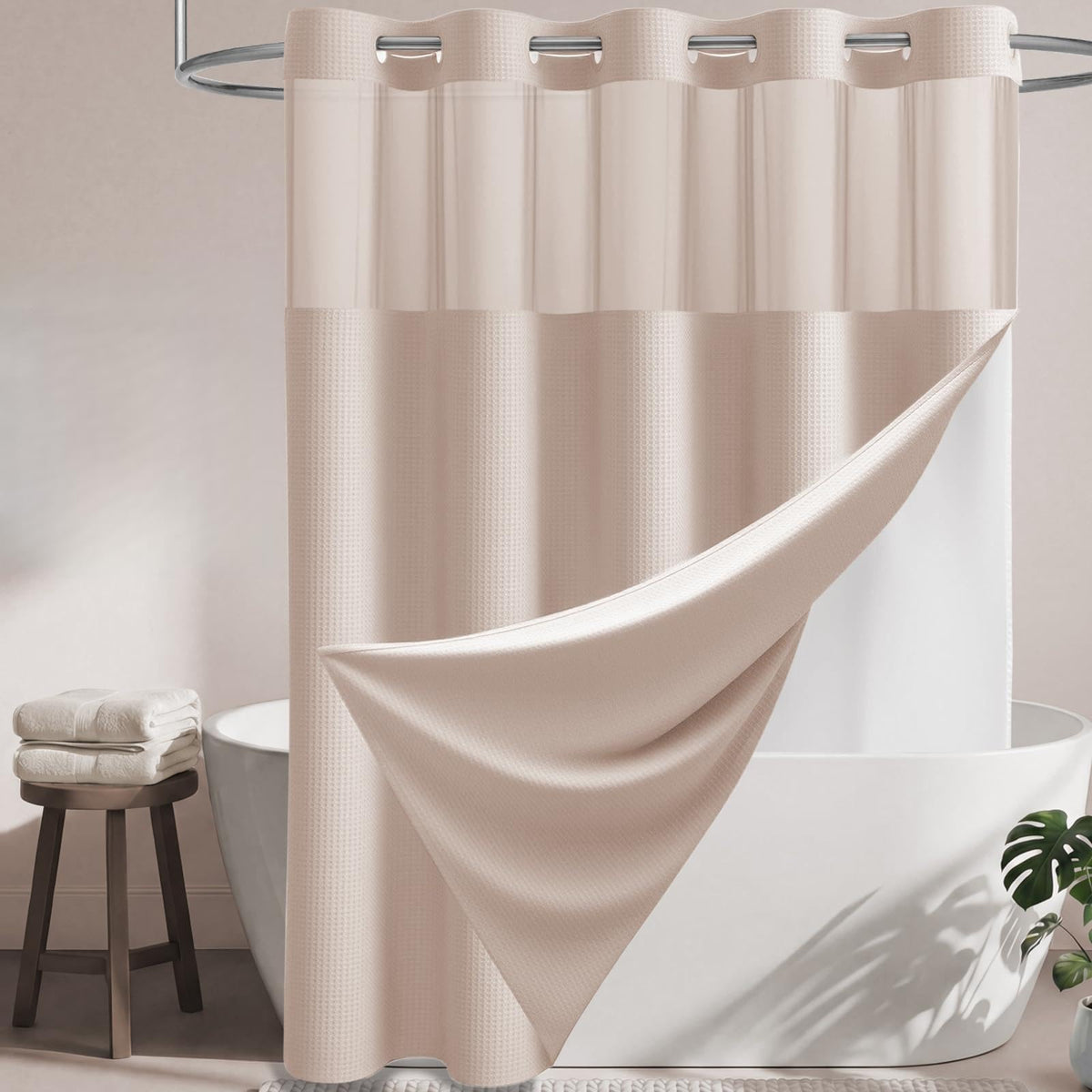Dynamene Ringless Waffle Weave Fabric Shower Curtain Set, Black, 72"x75"