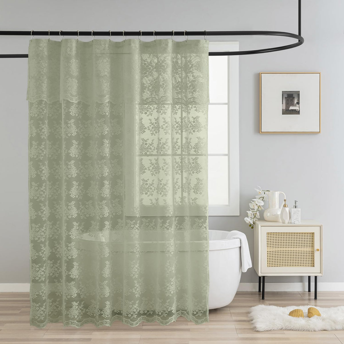 TUDECO Pink Lace Shower Curtain with Attached Valance, 72x72 Inch, 1 Panel
