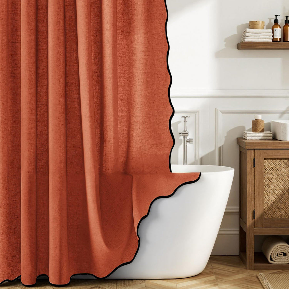 MIULEE Natural Scalloped Linen Shower Curtain 72W x 72L