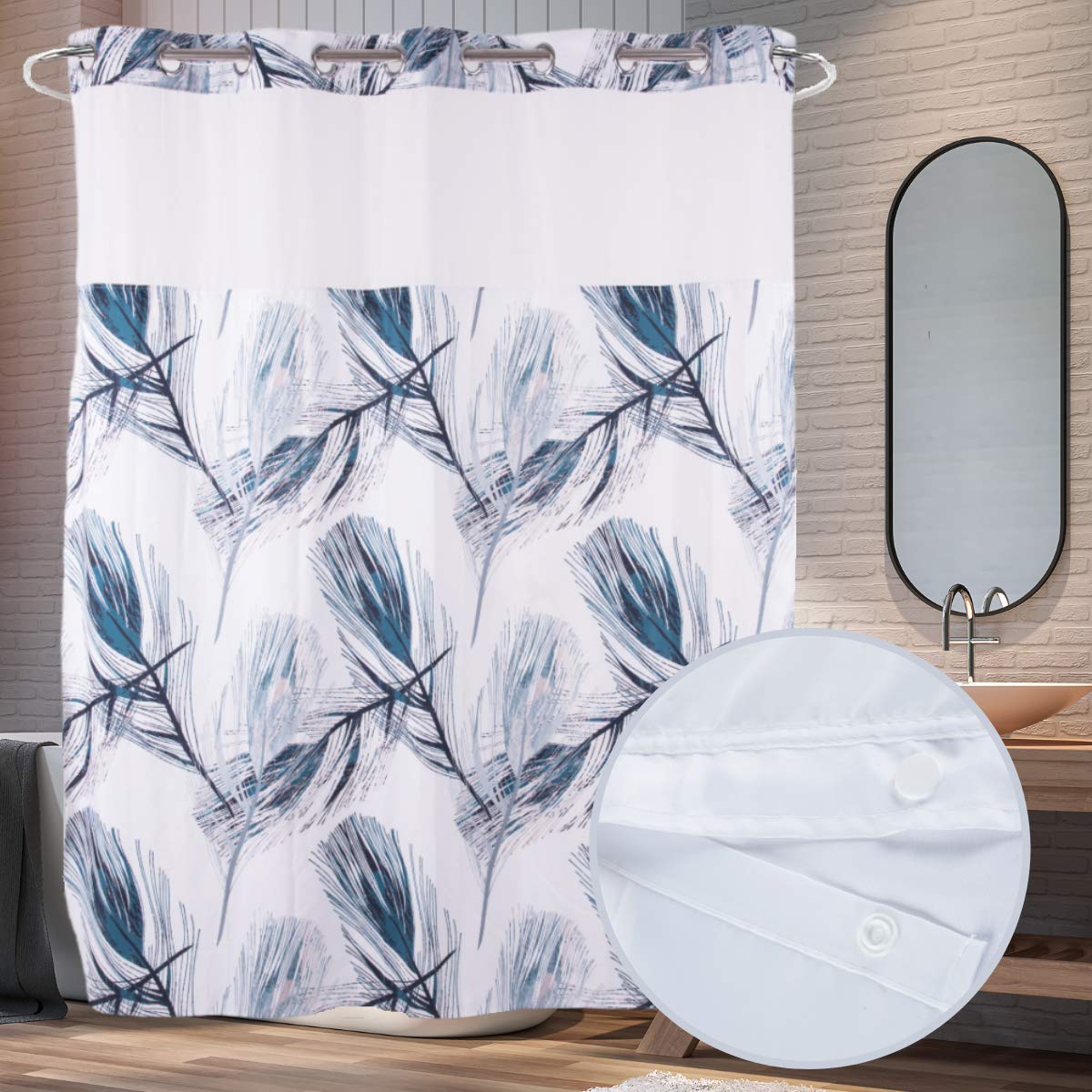 71“W x74”H Heavy Fabric Hook Free Shower Curtain with Polyester Magnet Snap-in Liner–Top See Through with Mesh Window Light Beige