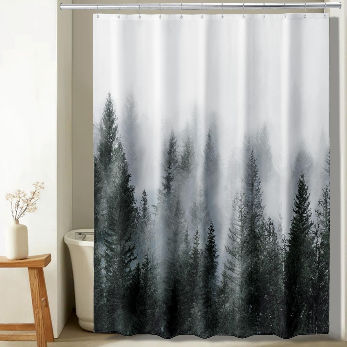 ORTIGIA Black and White Misty Forest Shower Curtain for Bathroom, Nature Woodland Curtain Set with Hooks, Decorative Pine Tree Fog Magic Bath Decor for Home Weighted, 72x72
