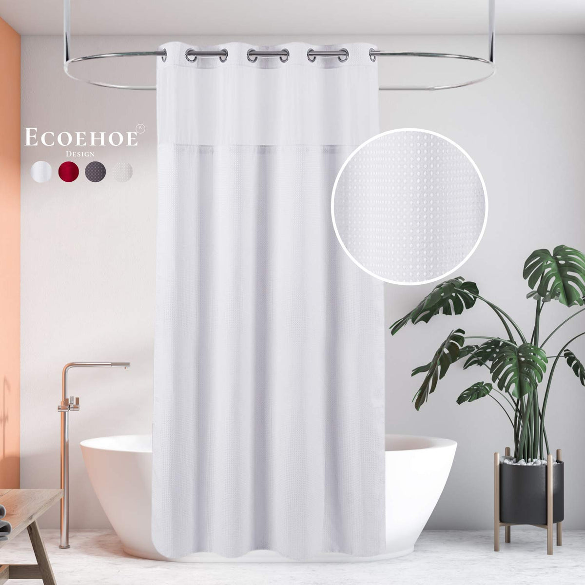 71“W x74”H Heavy Fabric Hook Free Shower Curtain with Polyester Magnet Snap-in Liner–Top See Through with Mesh Window Light Beige