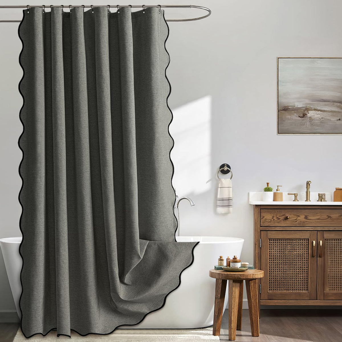 MIULEE Beige Scalloped Shower Curtain Linen Textured with 12 Metal Hooks Cute Heavy Duty Washable Waterproof Neutral Thick Cloth Shower Curtains with Black Border for Bathroom Bathtub,W72*L72 Cream
