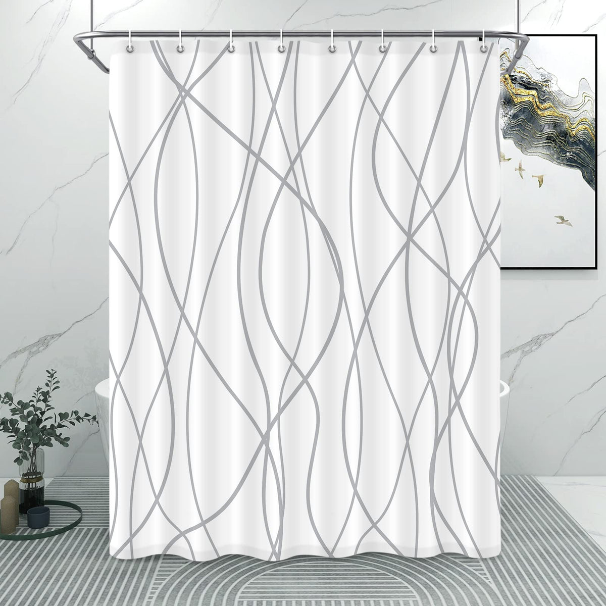 Striped Shower Curtain for Bathroom, Grey White, 72" W x 72" L