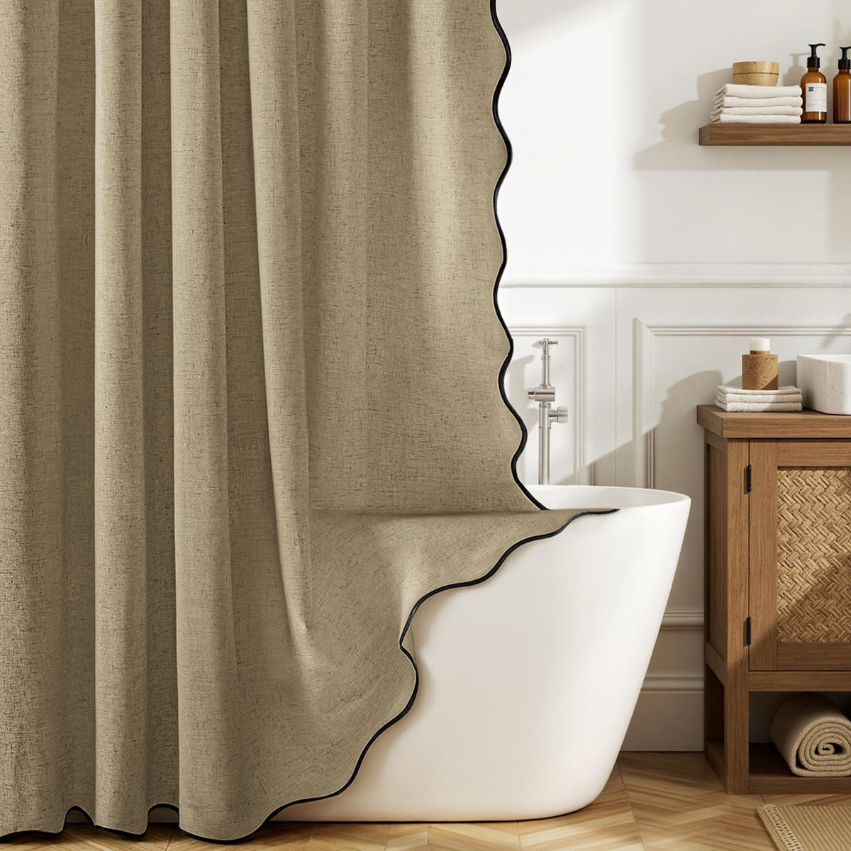 MIULEE Natural Scalloped Linen Shower Curtain 72W x 72L