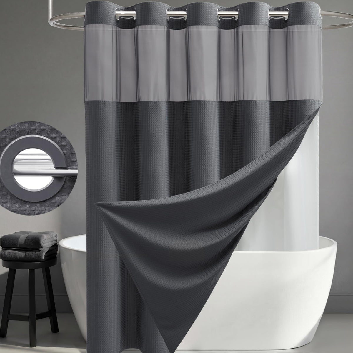 Dynamene Ringless Waffle Weave Fabric Shower Curtain Set, Black, 72"x75"
