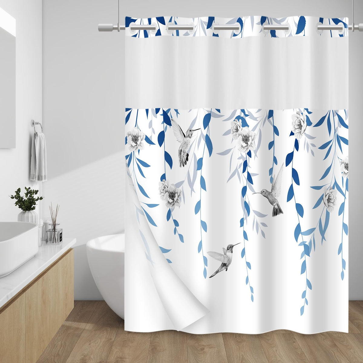 WITHLOC Hook Free Floral Shower Curtain with Liner, Blue Beige, 71x74