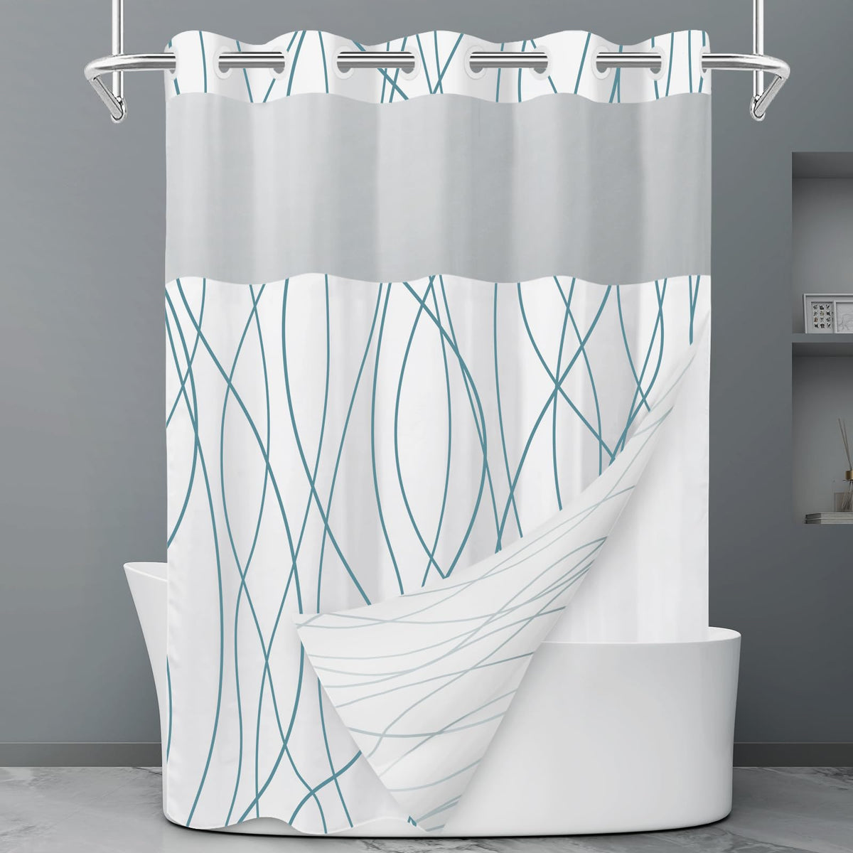 LXBNI Ringless Shower Curtain with Snap-in Liner, Gray White, 71 x 74 Inch