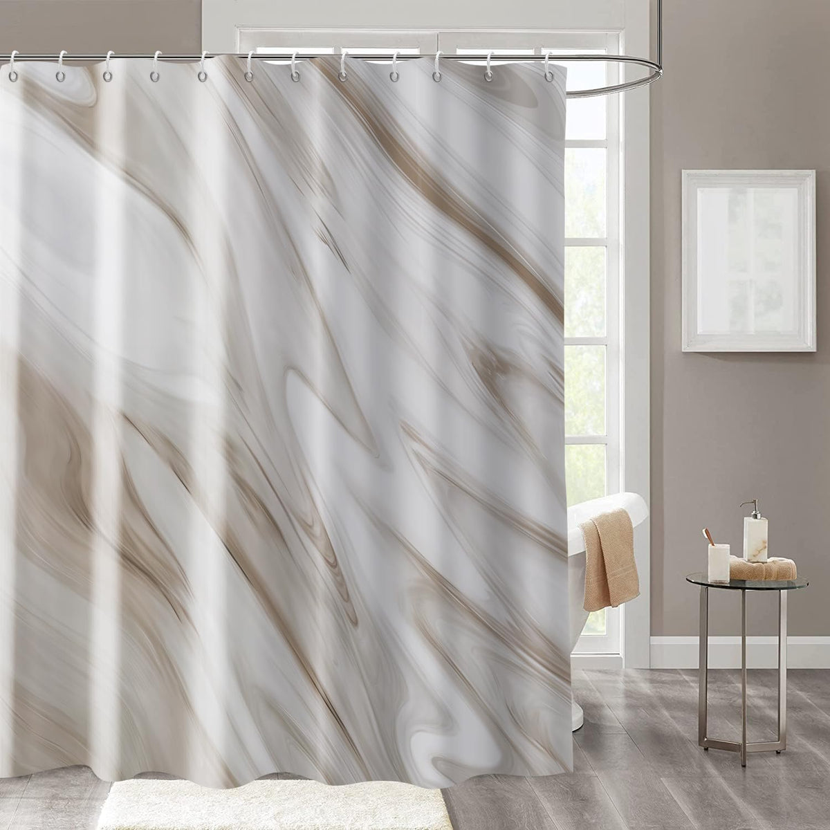Brown Marble Shower Curtain, Grey Brown Modern Abstract Wave Luxury Bathroom Curtain Bathtub Home Decor Waterproof Fabric Machine Washable with 12 PCS Hooks,72" Wx72 L