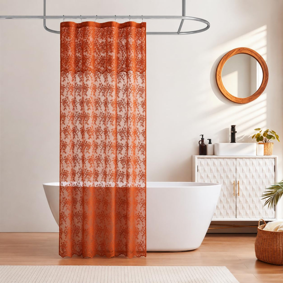 TUDECO Pink Lace Shower Curtain with Attached Valance, 72x72 Inch, 1 Panel
