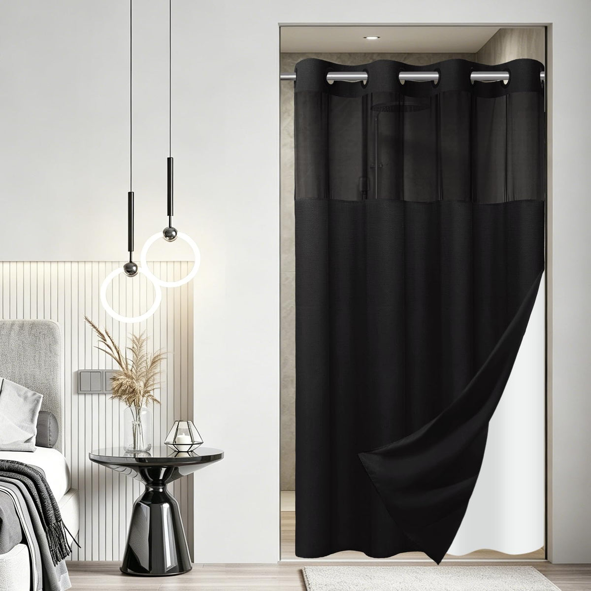SORTTO Ringless Slub Shower Curtain with Snap in Liner, 71x74, Black