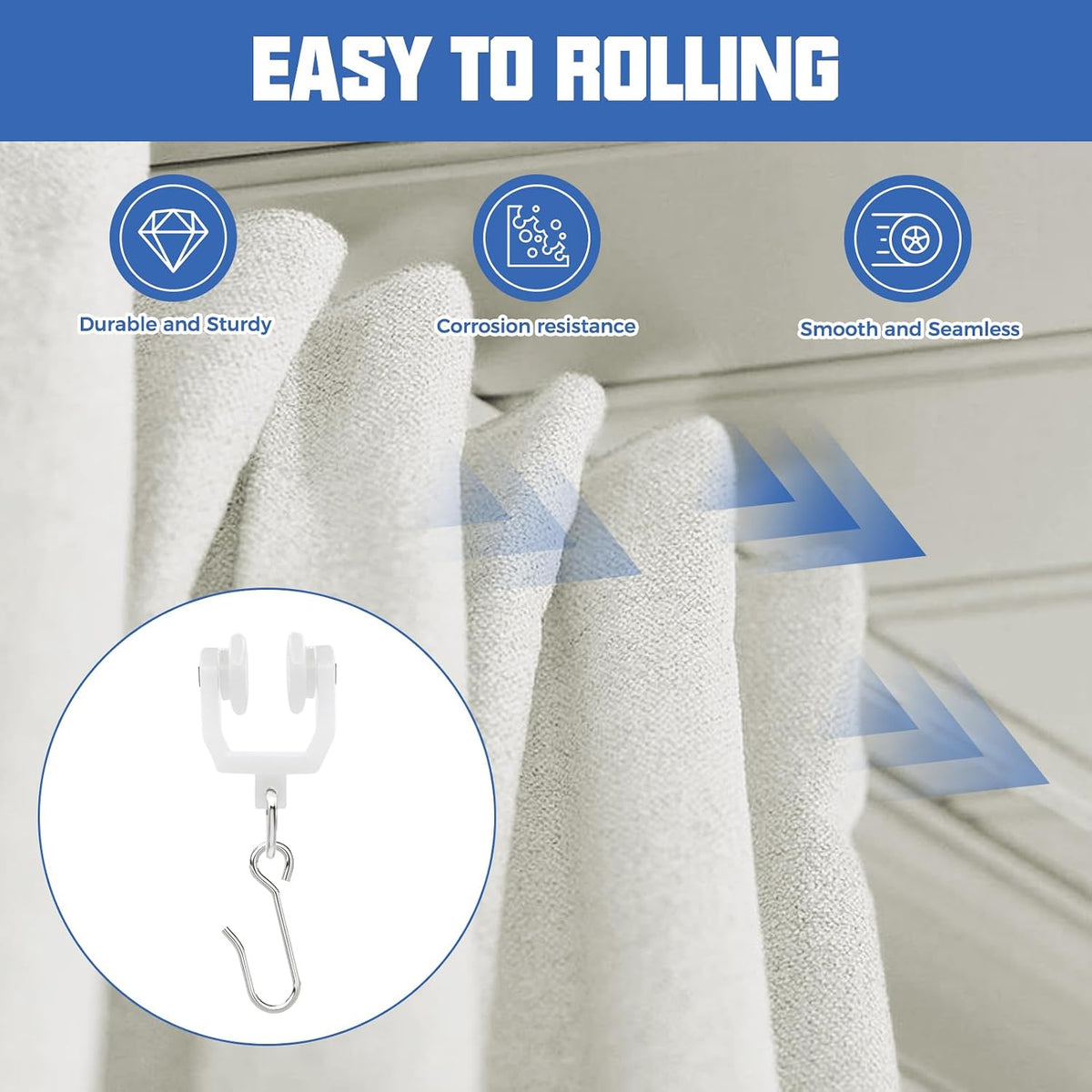 Flexible Bendable Ceiling Curtain Track Roller Hooks Plastic Metal Gliders with Hooks for Shower Window（15PCS-White）