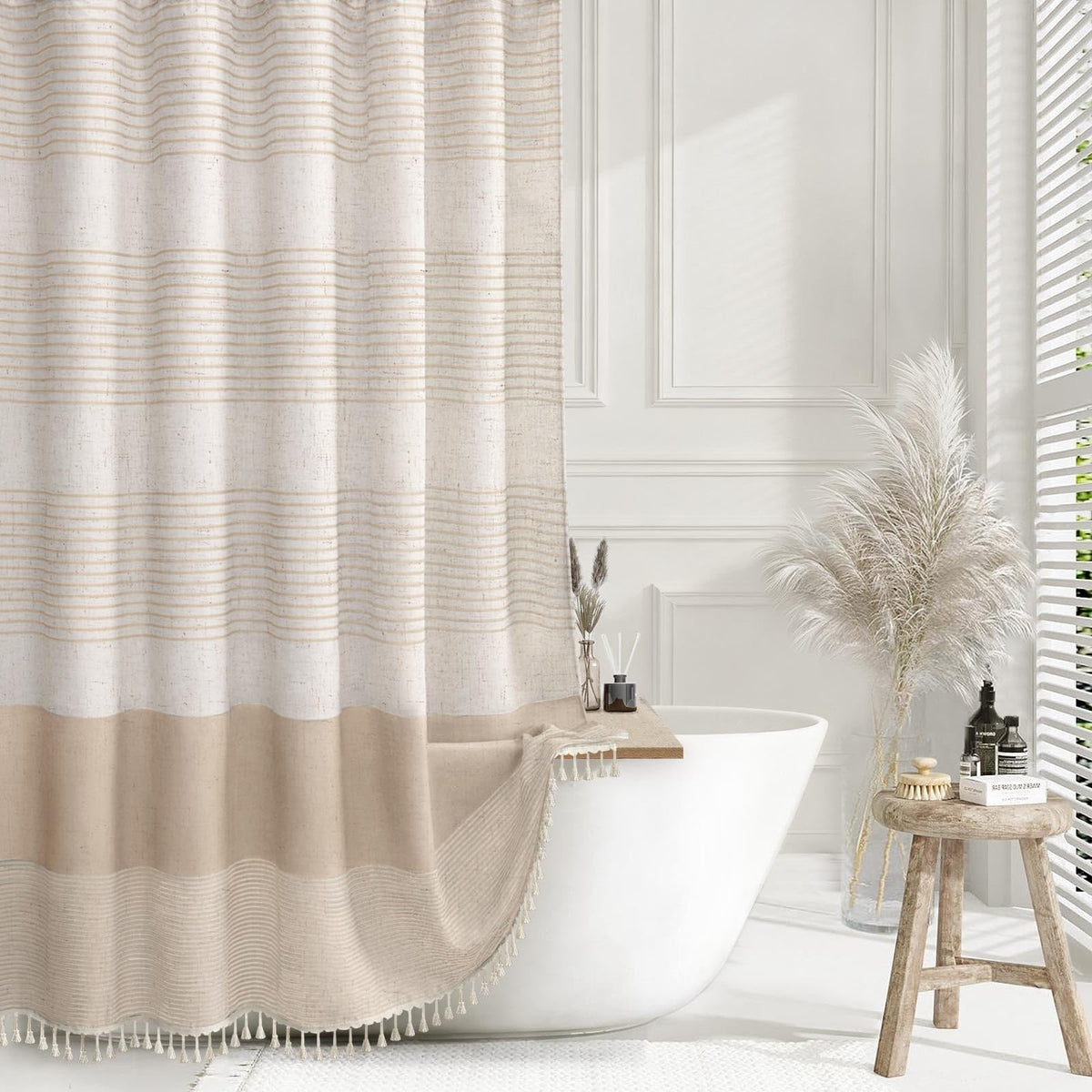 Navy Blue Coastal Ocean Linen Striped Shower Curtain with Tassel 72W X 72L