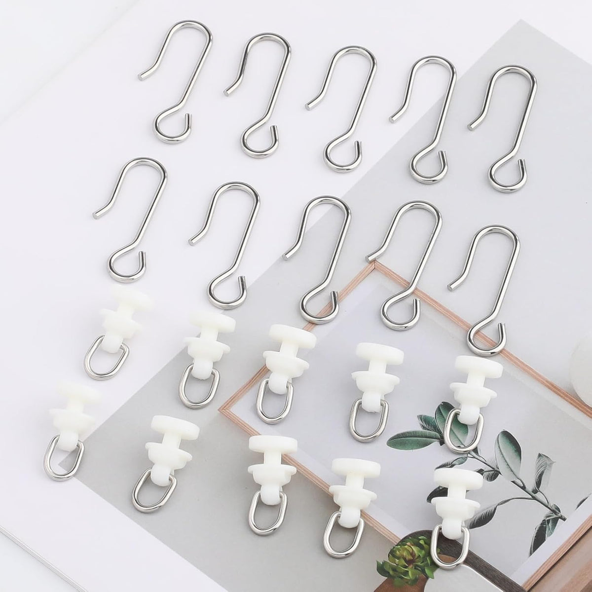 100 Pcs Curtain Track Gliders Hooks, 50 Pcs Plastic Curtain Track Glider and 50 Pcs Metal Curtain Track Hooks S Shaped for Shower Curtain, Curtain Track Rollers for Bendable Curtain Track Pulley