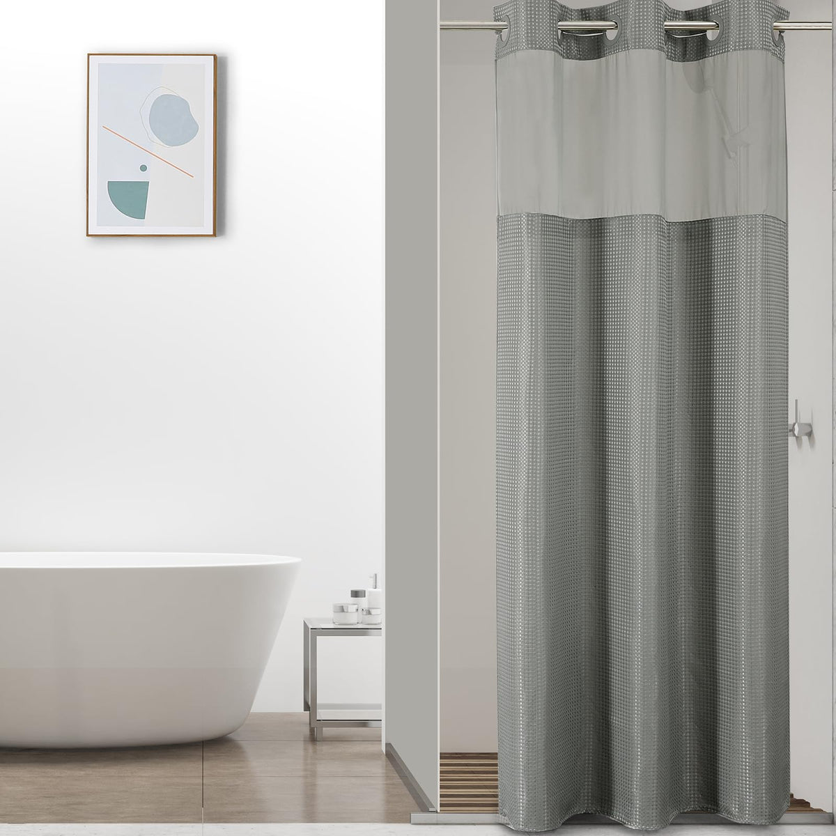 Colorful Star Sage Green No Hook Waffle Shower Curtain Set, 72 x 75 Inch