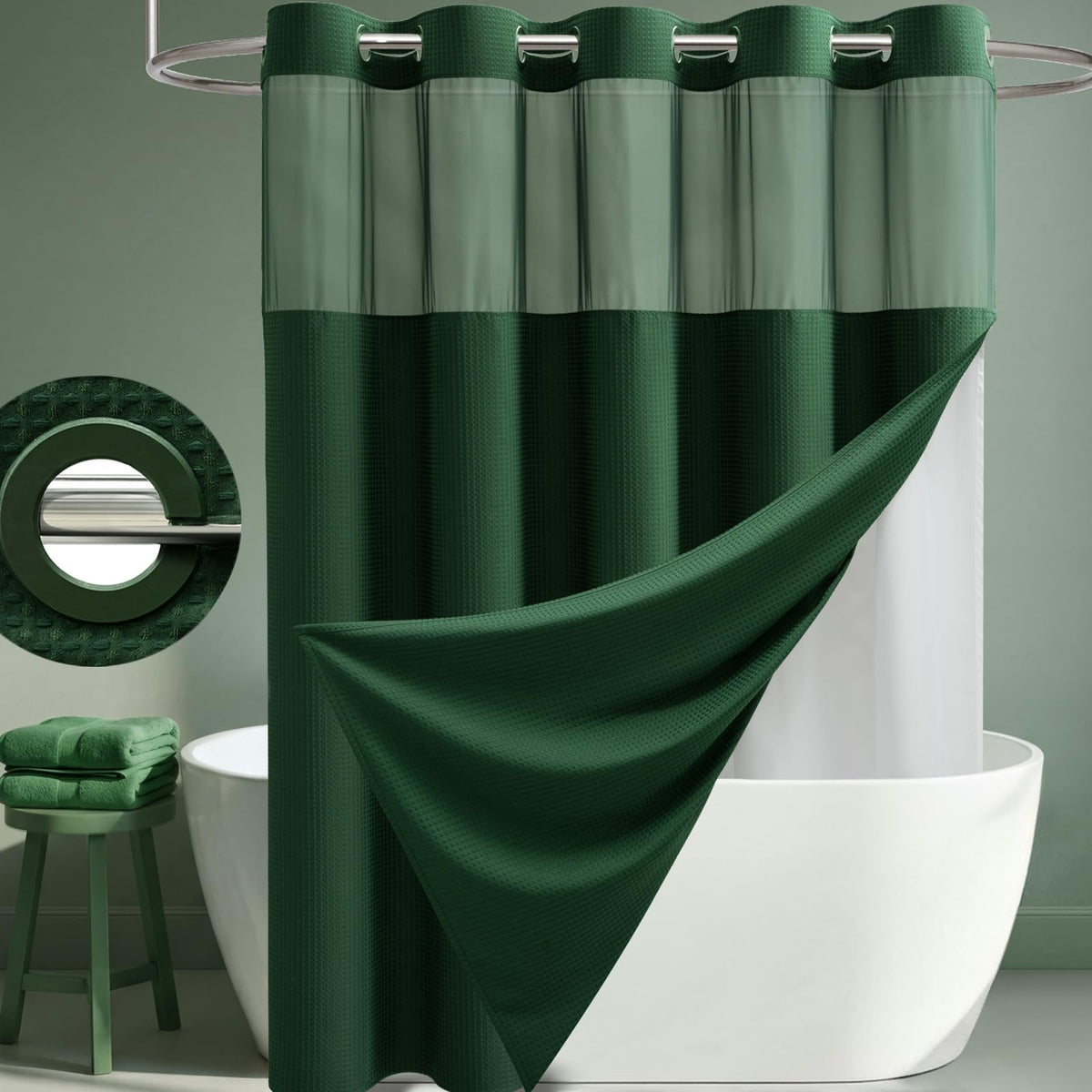 Dynamene Ringless Waffle Weave Fabric Shower Curtain Set, Black, 72"x75"