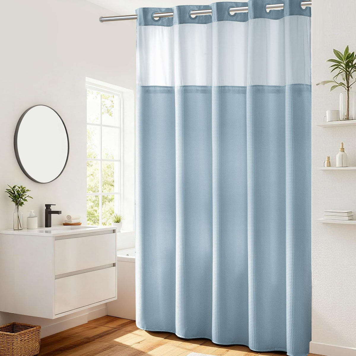 RiverDream Heavyweight Waffle No Hook Shower Curtain with Liner,White,71x74