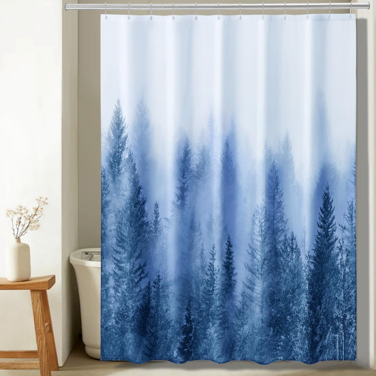 ORTIGIA Black and White Misty Forest Shower Curtain for Bathroom, Nature Woodland Curtain Set with Hooks, Decorative Pine Tree Fog Magic Bath Decor for Home Weighted, 72x72