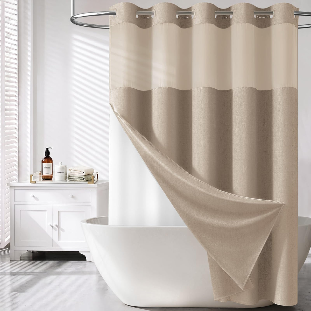 BTTN Cream Ringless Linen Textured Shower Curtain with Snap in Liner, 72x75