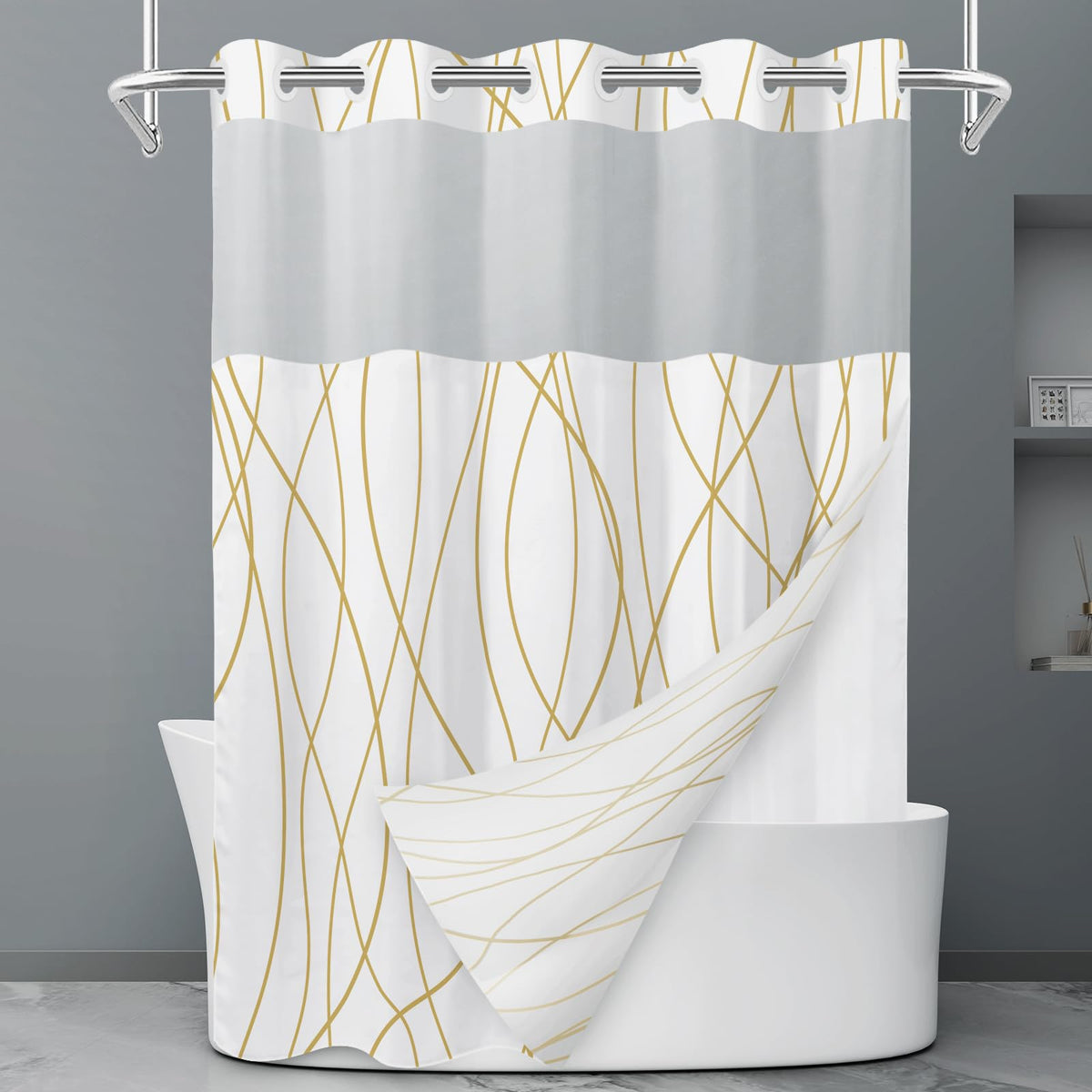 LXBNI Ringless Shower Curtain with Snap-in Liner, Gray White, 71 x 74 Inch