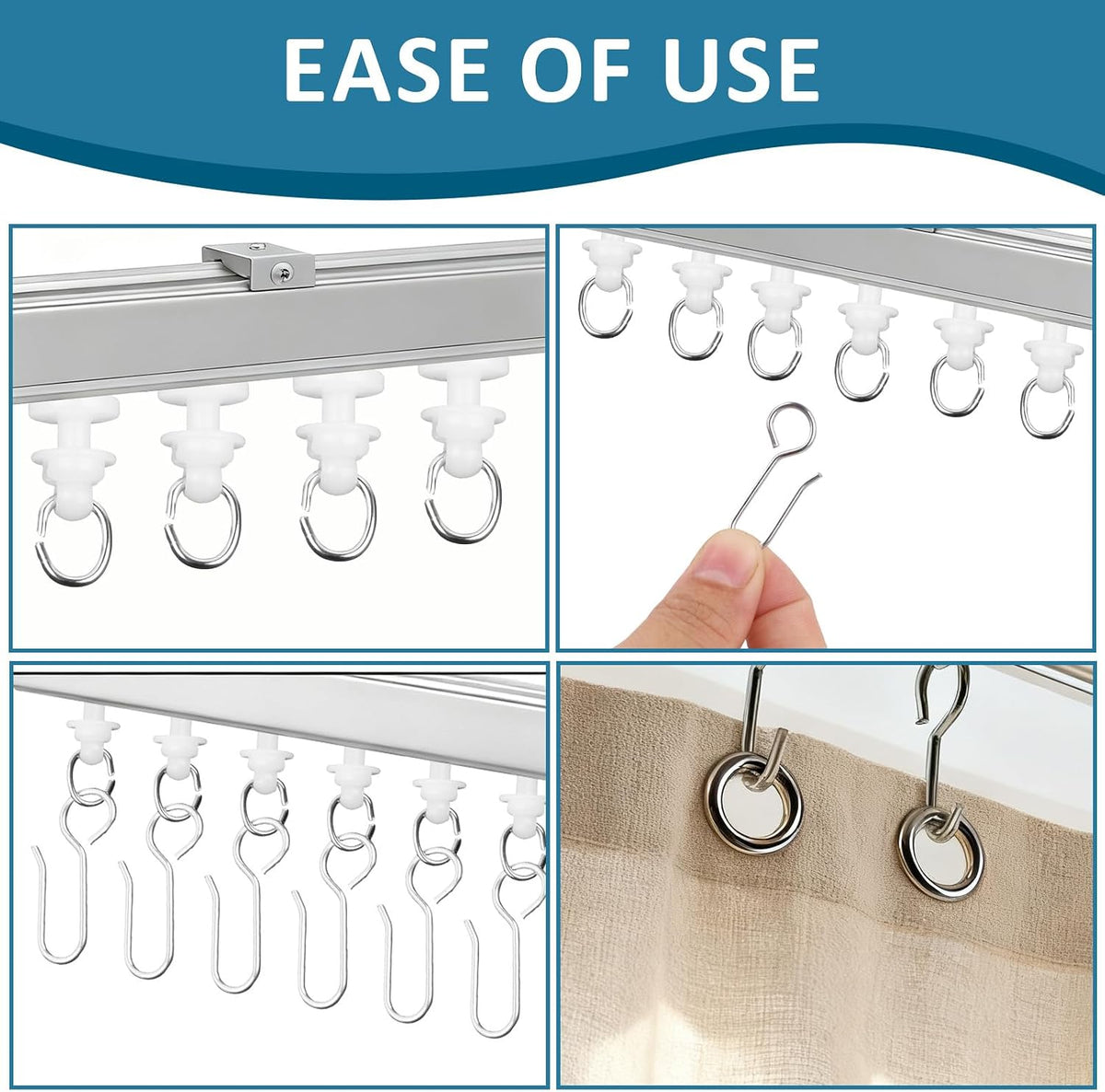 50PCS Curtain Track Gliders with 50PCS Hooks, Curtain Roller for Rv Shower Track System