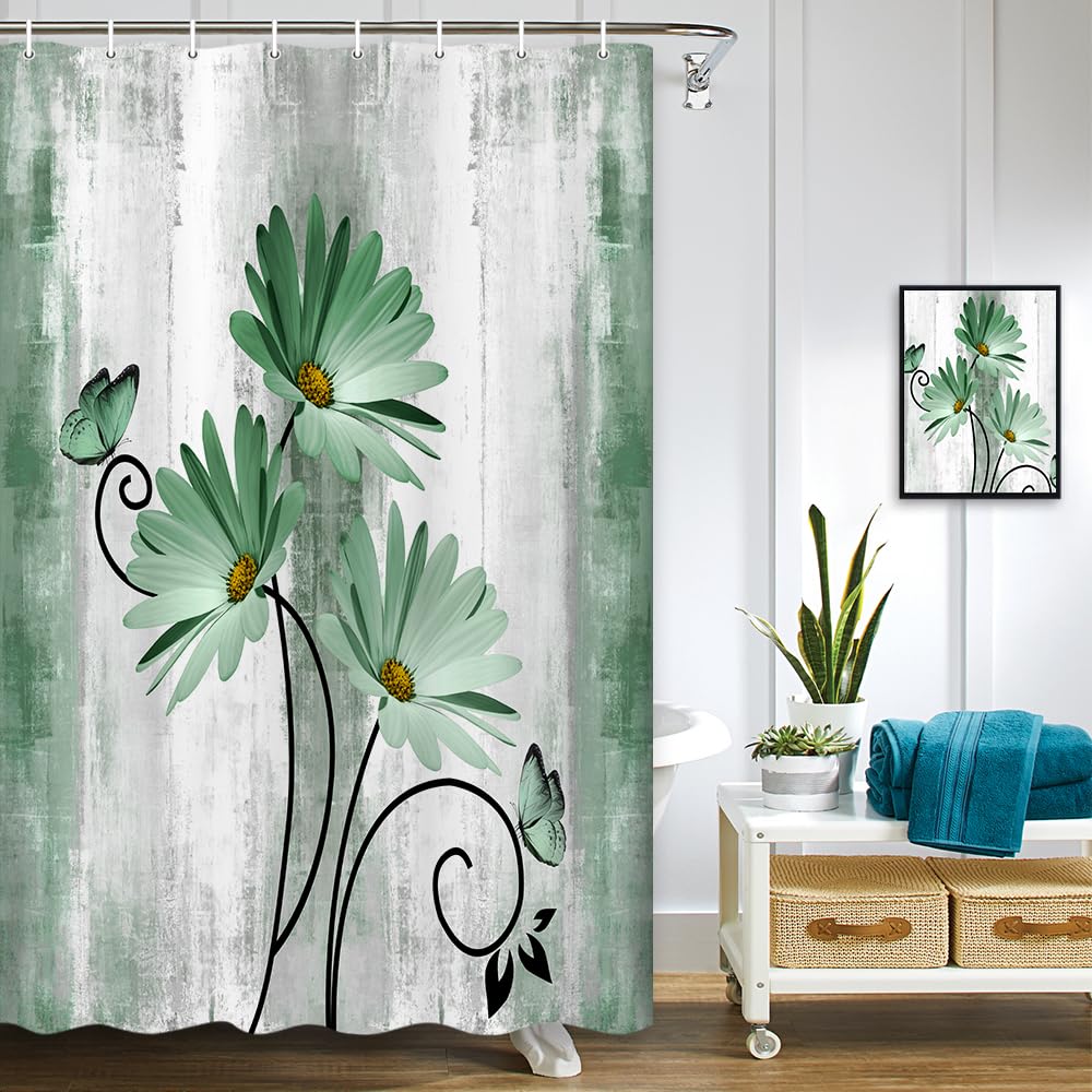 Rustic Farmhouse Shower Curtain, Farm Tan Cream Daisy Floral Flowers and Butterfly on Country Wooden Shower Curtains for Bathroom, Beige Brown Home Decor with 12PCS Hooks, 70X70IN