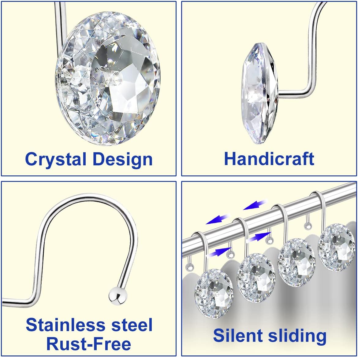 12PCS Shower Curtain Hooks Rings for Bathroom, Stainless Steel Metal Crystal Rhinestones Bling Rust Proof Shower Curtain Rings Hangers for Shower Curtain Decorative, Round Heavy Duty Hooks (Clear)