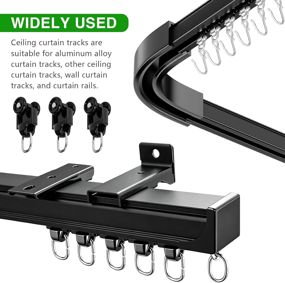 20Pcs Curtain Track Rollers Hooks, Plastic Mute Wheel Rollers, Black