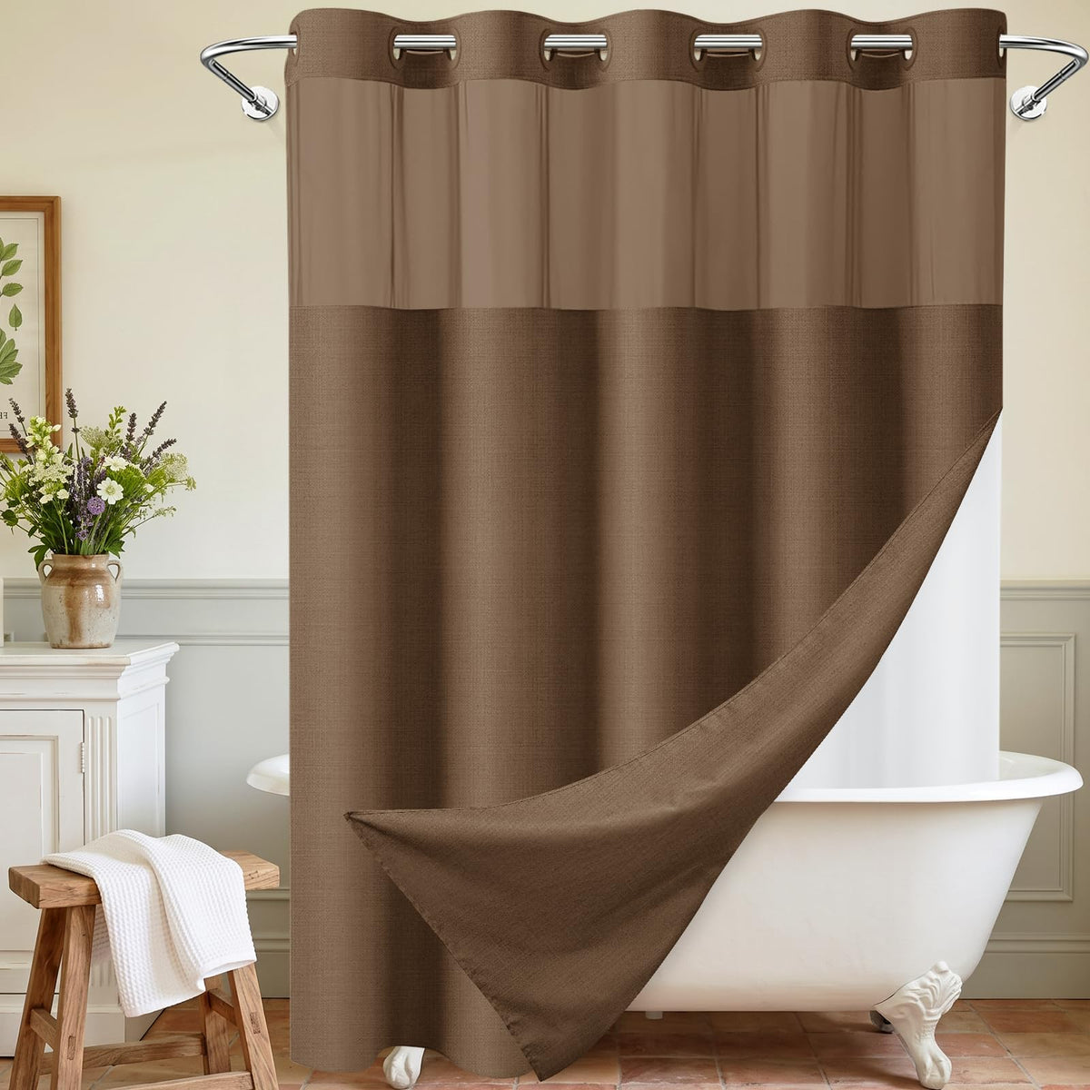 WONICY Hook-Free Shower Curtain with Snap-in Liner, Cream, 71 x 74