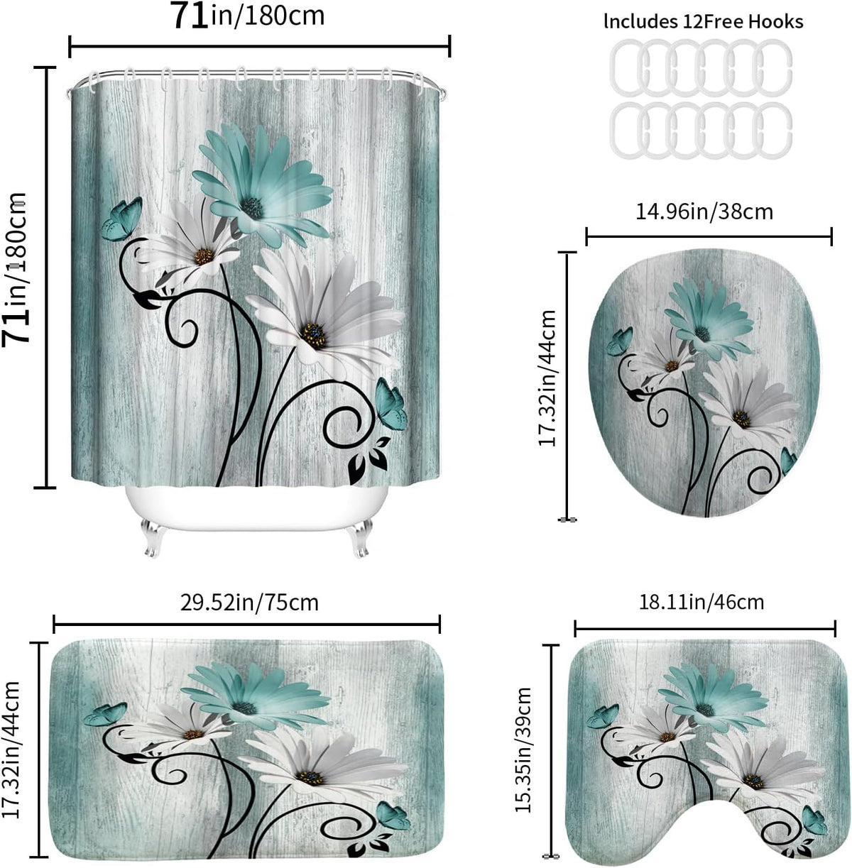 Onalasyc 4PCS Teal Daisy Floral Bathroom Sets with Shower Curtain and Rugs
