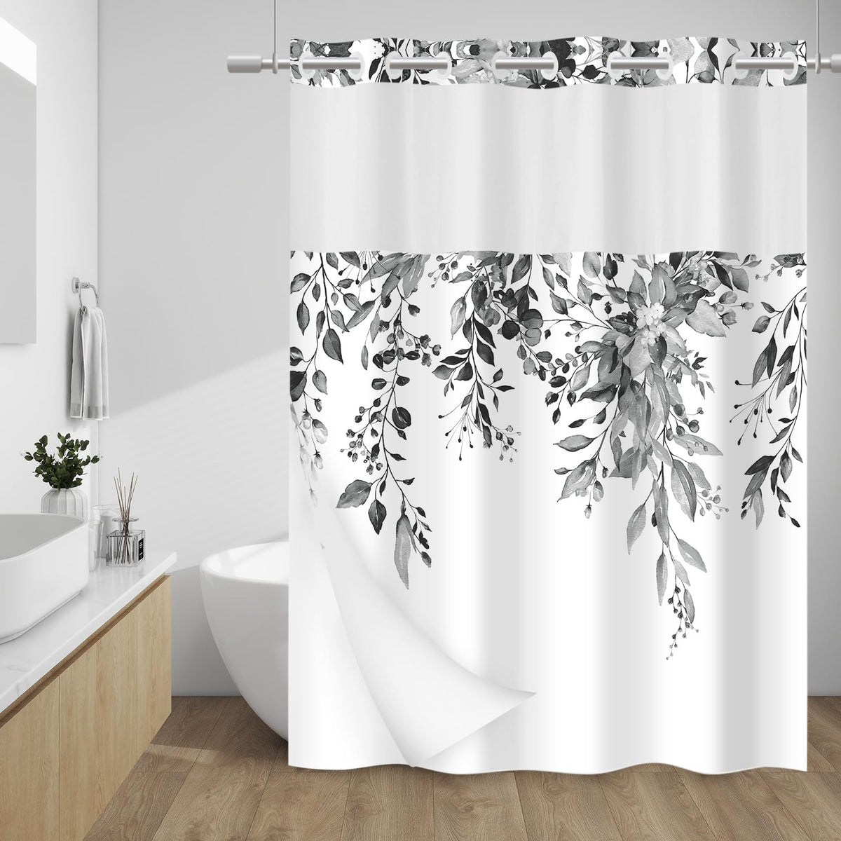 WITHLOC Hook Free Floral Shower Curtain with Liner, Blue Beige, 71x74
