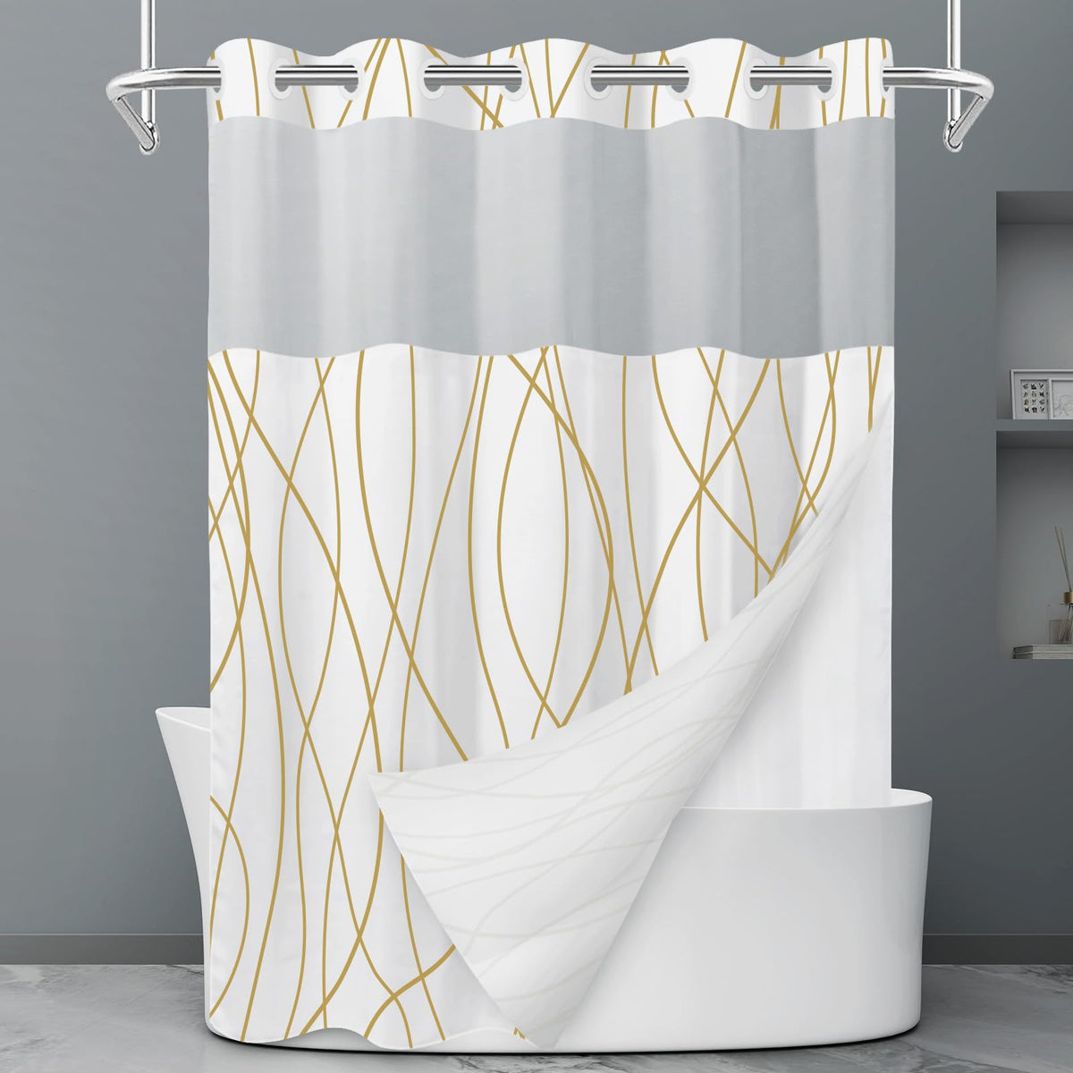 LXBNI Ringless Shower Curtain with Snap-in Liner, Gray White, 71 x 74 Inch