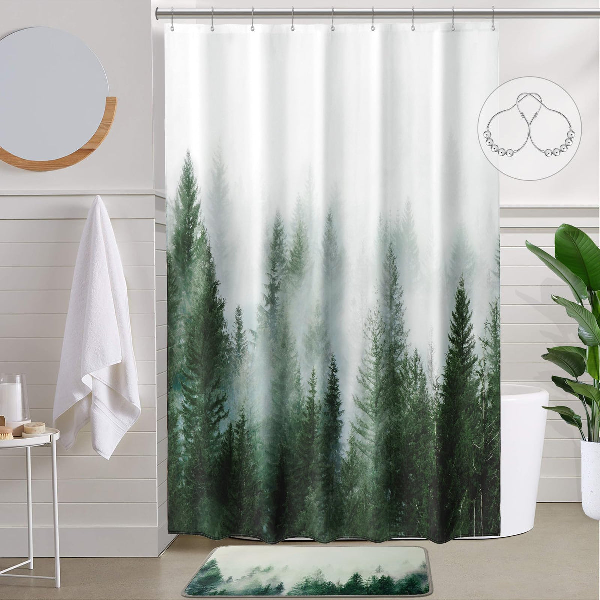 ORTIGIA Black and White Misty Forest Shower Curtain for Bathroom, Nature Woodland Curtain Set with Hooks, Decorative Pine Tree Fog Magic Bath Decor for Home Weighted, 72x72