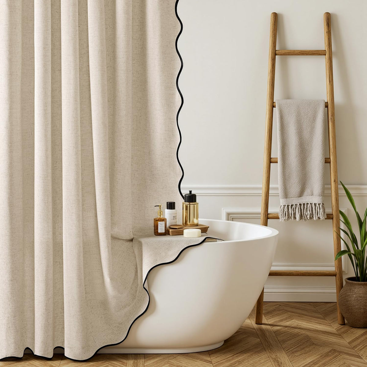 MIULEE Natural Scalloped Linen Shower Curtain 72W x 72L