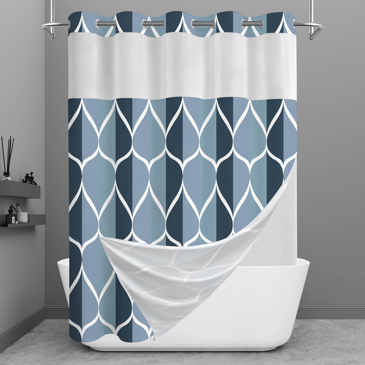Yiatn Gray Ringless Shower Curtain with Snap-in Liner, 71 x 74 Inch