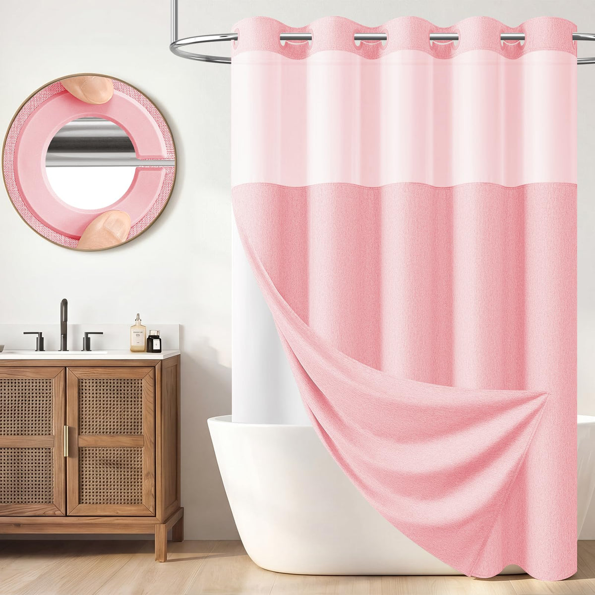 BTTN Cream Ringless Linen Textured Shower Curtain with Snap in Liner, 72x75