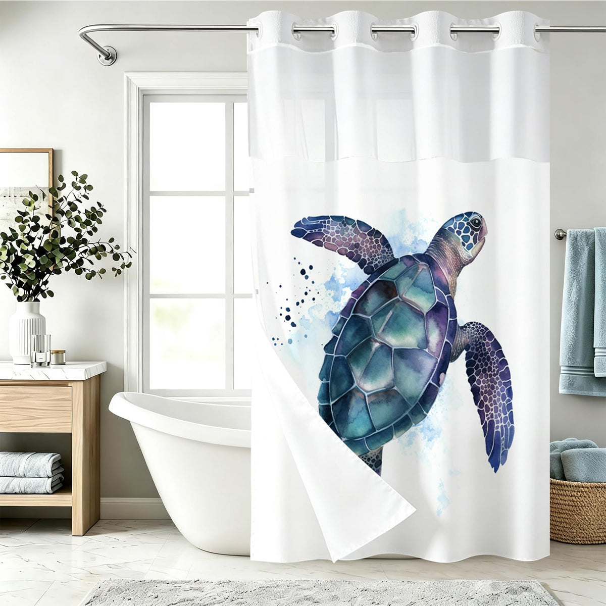 Nautical Green Sea Turtles Beach Theme Fabric Shower Curtain Sets Bathroom Blue Ocean Decor with Grommets and Hooks - 72 x 72 Inch Teal