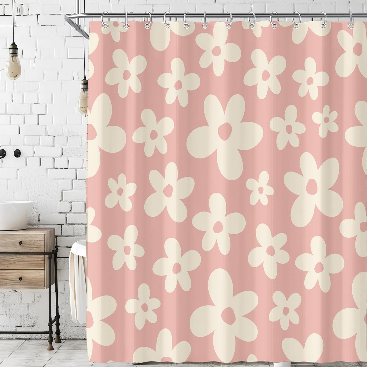 Black Cute Retro Floral Abstract 70s Aesthetic 72W*72H Inch Shower Curtain