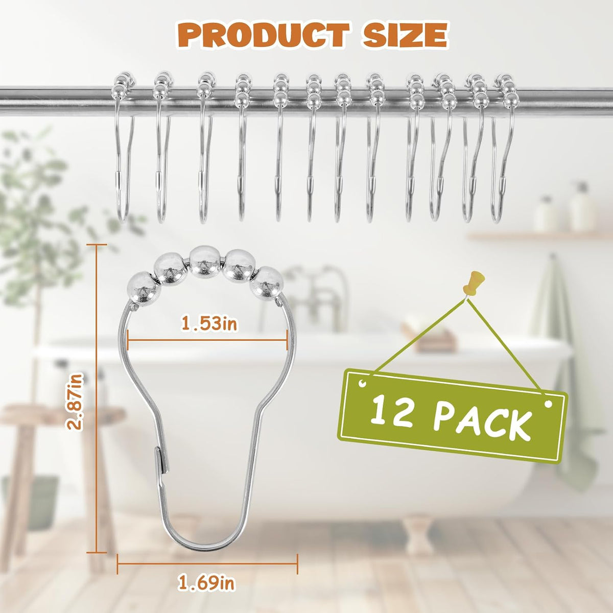 12 Shower Curtain Hooks, Rust-Resistant/Stainless Steel Material