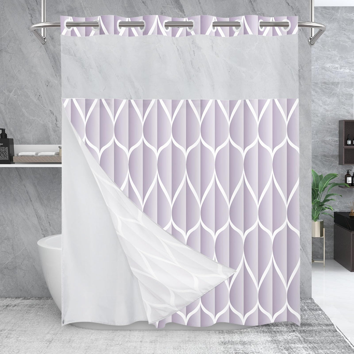 Yiatn Gray Ringless Shower Curtain with Snap-in Liner, 71 x 74 Inch