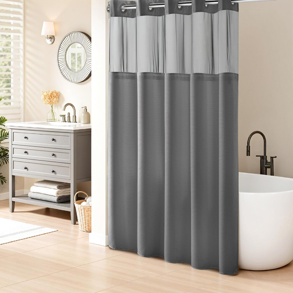 RiverDream Heavyweight Waffle No Hook Shower Curtain with Liner,White,71x74
