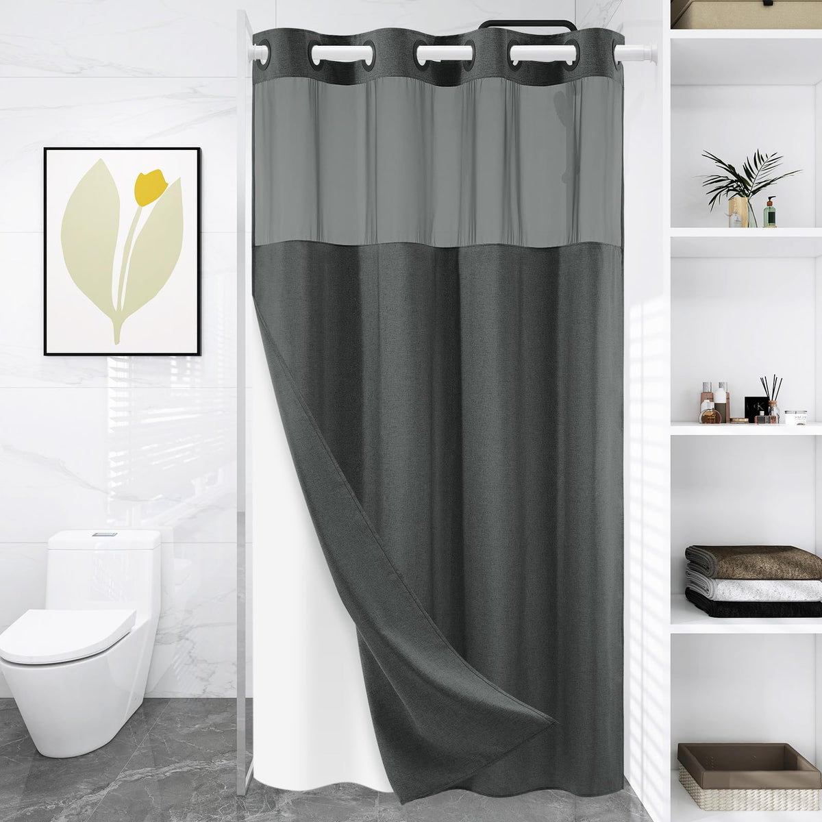 WONICY Hook-Free Shower Curtain with Snap-in Liner, Cream, 71 x 74