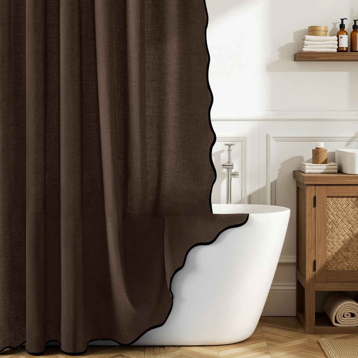 MIULEE Natural Scalloped Linen Shower Curtain 72W x 72L